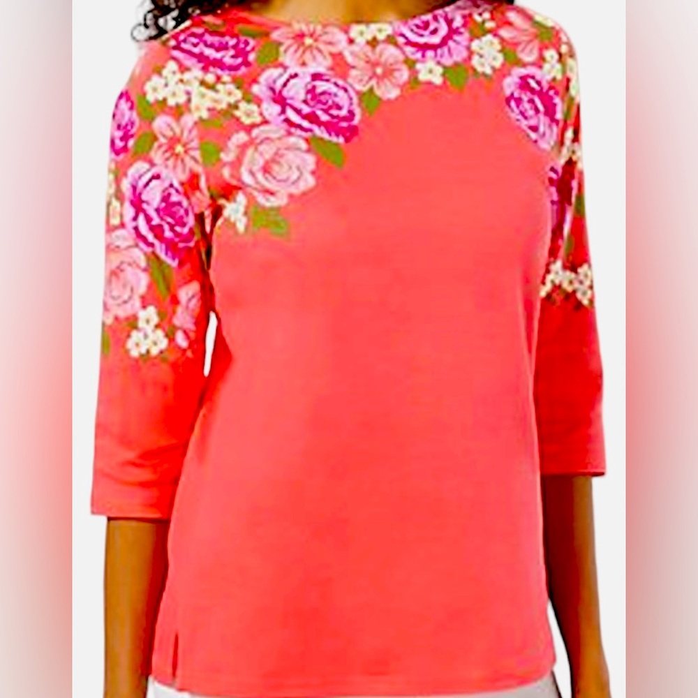 Quacker Factory - Life is Rosey Printed and Sparkle Top Hot Coral